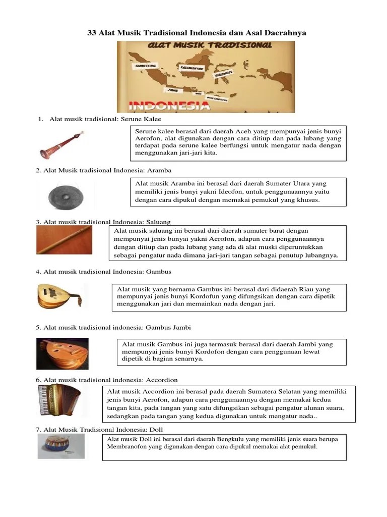 33 Alat Musik Tradisional Indonesia Dan Asal Daerahnya | PDF