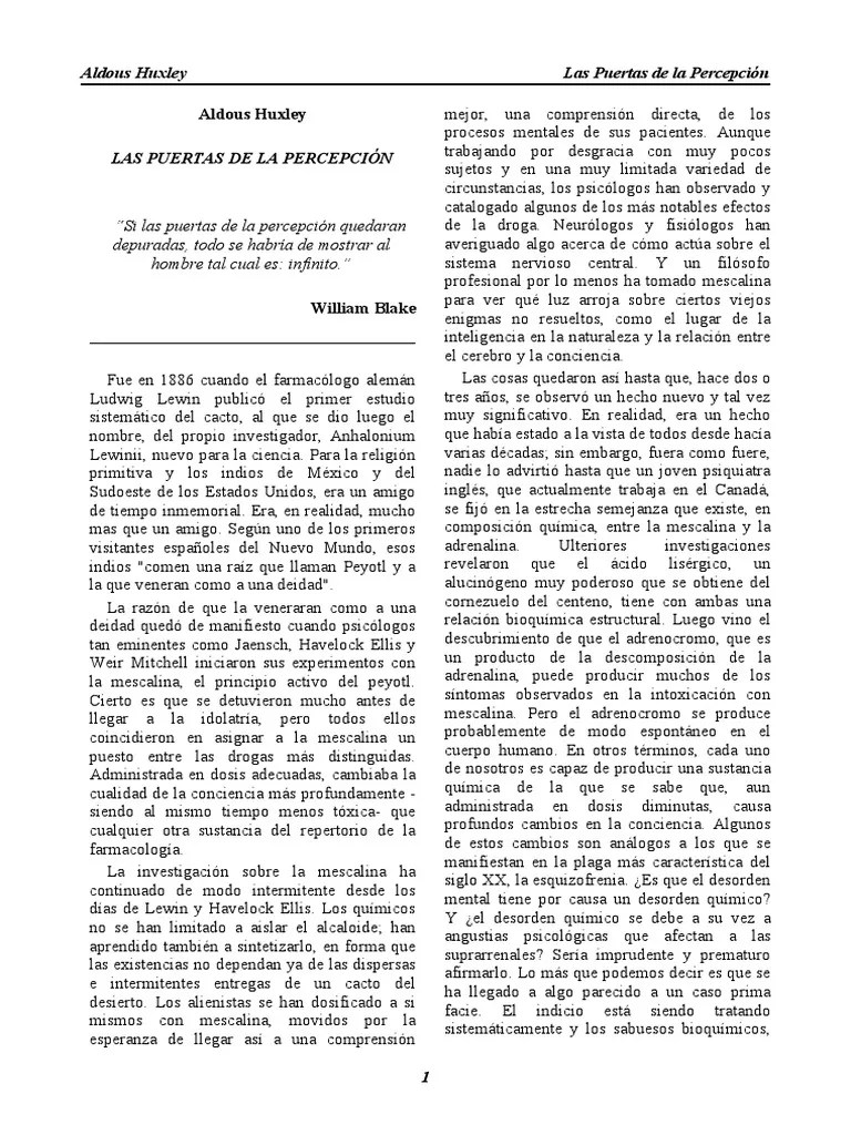 «si las puertas de la percepción quedaran depuradas, todo se habría de mostrar al hombre tal cual es: Aldous Huxley Las Puertas De La Percepcion Pdf Pdf Percepcion Conocimiento