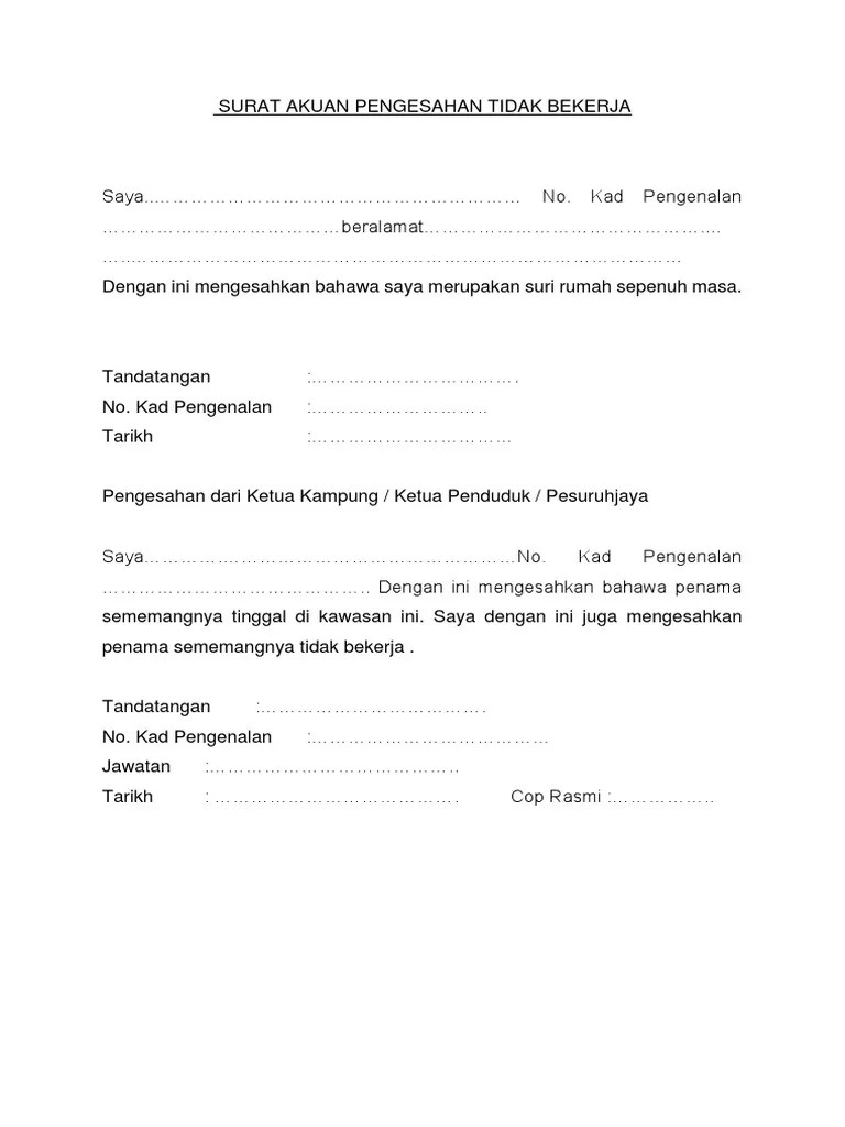 Contoh surat akuan sumpah isteri tidak bekerja cute766. Surat Akuan Pengesahan Tidak Bekerja Pdf
