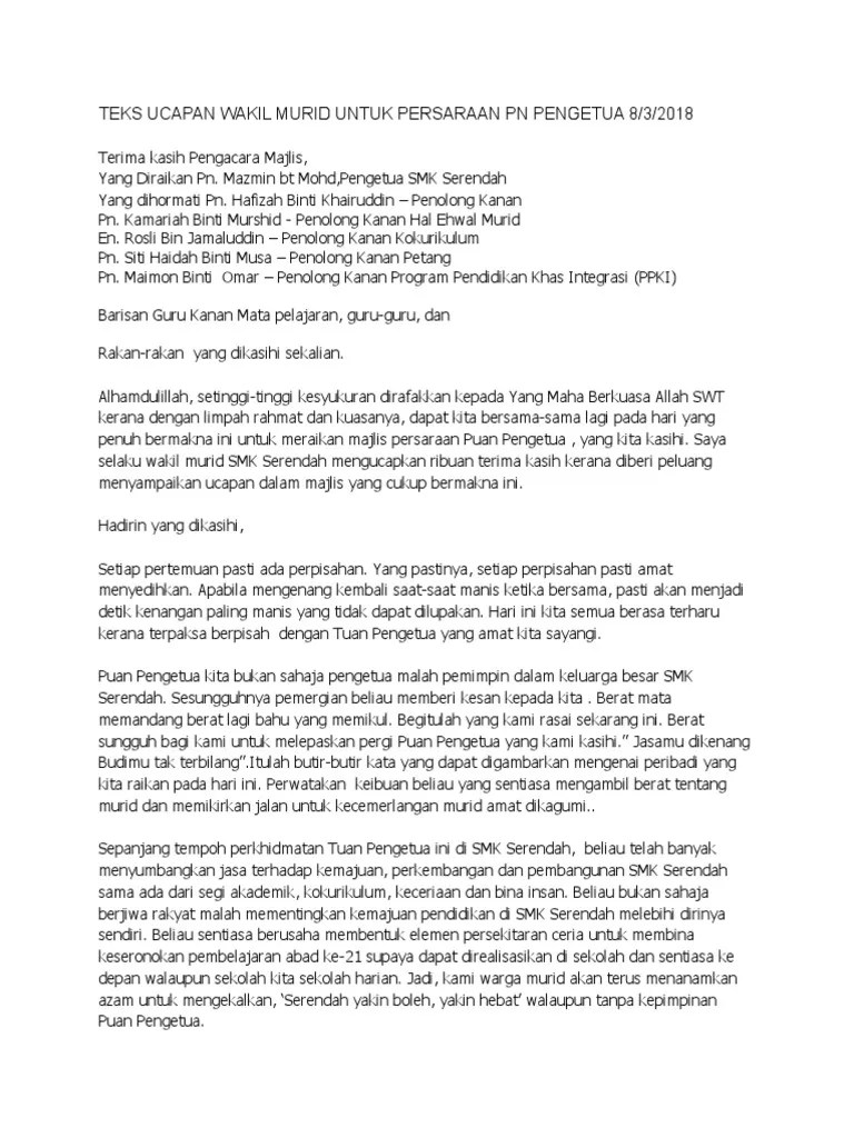 Hadirin, sekian berakhirlan majlis kita pada hari ini. Teks Ucapan Wakil Murid Untuk Persaraan Pn Pengetua 8 Pdf