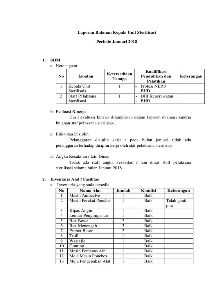 Laporan Bulan Januari Kepala Unit Sterilisasi | PDF