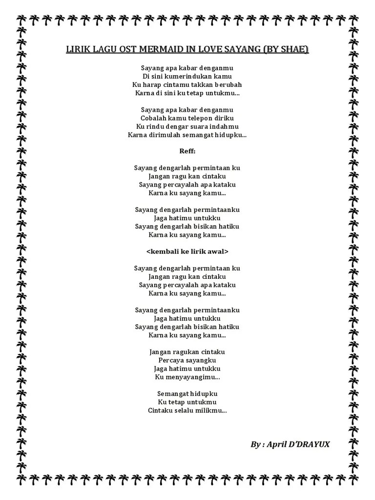 Lirik Lagu Ost Mermaid in Love Sayang | PDF