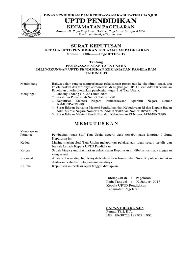 Keputusan kepala sdn 71 limporilau. Sk Pembagian Tugas Staf Pdf