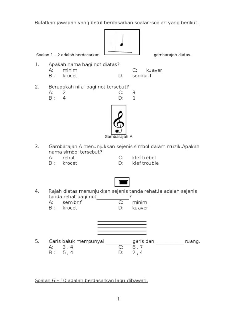 Sulit 1 pendidikan muzik tahun 5 peperiksaan pertengahan tahun sk skarok 2018. Soalan Muzik Tahun 5 Pdf