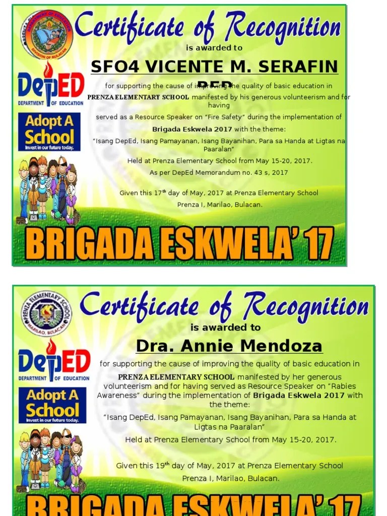Certificate of recognition template is easily available online in various formats like word, pdf etc; Deped Cert Of Recognition Template / D O 36 S 2016 Ppt / Sample templates of brigada eskwela