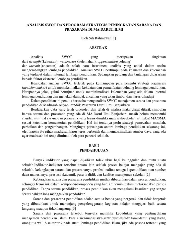 Analisis Swot Dan Program Strategis Peningkatan Sarana Dan Prasarana Di Ma  Darul Ilmi | PDF