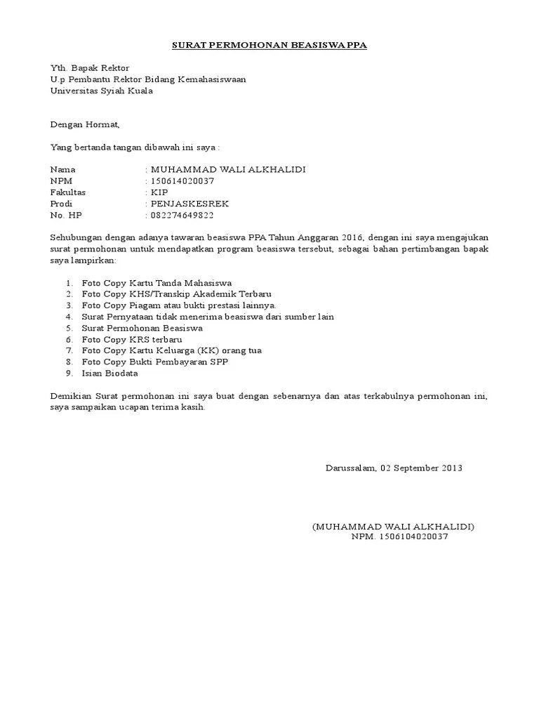 Surat keterangan penghasilan asli slip gaji asli & resmi dari orang tua. Contoh Surat Permohonan Beasiswa Ppa Pdf