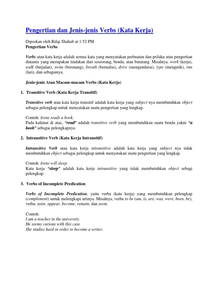 Pengertian Dan Jenis-Jenis Verbs (Kata Kerja) | PDF
