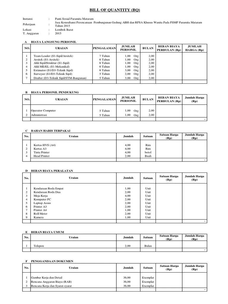 Pekerjaan belanja jasa kerjasama pihak ketiga/jasa konsultan. Bq Konsultan Perencana Gedung Rpsa Psmp Mataram 2015 Pdf