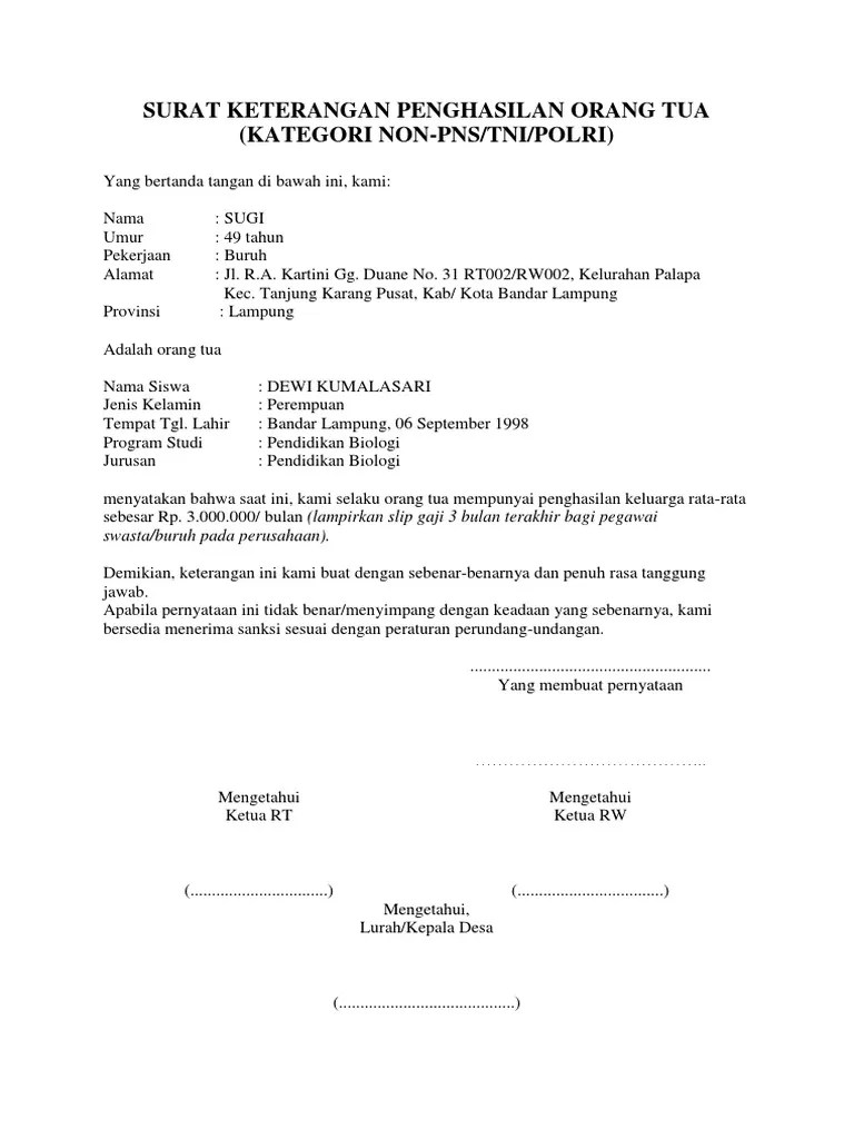 Namun dalam membuat surat keterangan pendapatan orang tua dapat di total penjadi penghasilan orang tua per bulan. Surat Keterangan Penghasilan Orang Tua Pdf