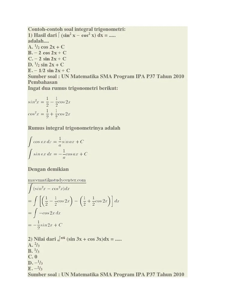 Kumpulan contoh soal integral yang dimuat berupa kumpulan soal un dengan materi integral. Contoh Soal Integral Pdf