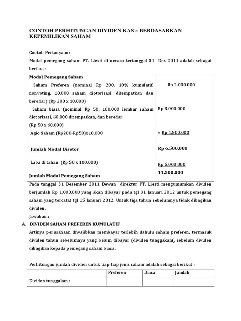 06/03/2022 · cara menghitung dividen per lembar saham. Contoh Perhitungan Dividen Kas Pdf