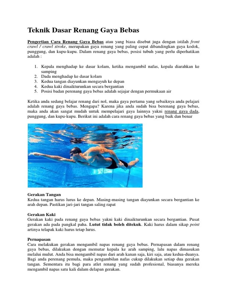Dalam Renang Gaya Bebas Teknik Pengambilan Nafas Dilakukan Dengan Cara
