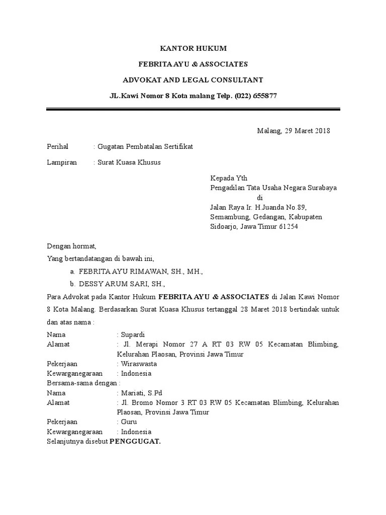 Contoh surat kuasa insidentil dan surat permohonan izin insidentil (48.0 kib). Contoh Surat Gugatan Ptun Tanah Nusagates