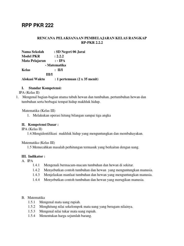 Rpp pembelajaran kelas rangkap model 221 kelas 5 dan 6. Rpp Pkr 2223