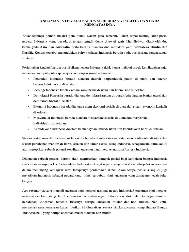 Ancaman Integrasi Nasional Dibidang Politik Dan Strategi | PDF