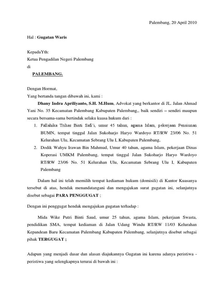 Contoh format gugatan/permohonan, jawaban, surat kuasa & permohonan insidentil. Contoh Gugatan Waris Pa Pdf