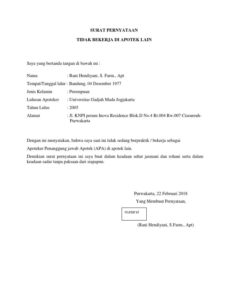 Apr 03, 2022 · ⭐ dapatkan contoh surat lamaran kerja berbagai profesi paling lengkap !! Surat Pernyataan Tidak Bekerja Di Tempat Lain Pdf
