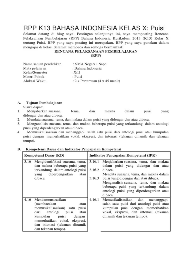 Perangkat pembelajaran menjadi sebuah hal yang sangat . Rpp Kurikulum 2013 Bahasa Indonesia Kelas X