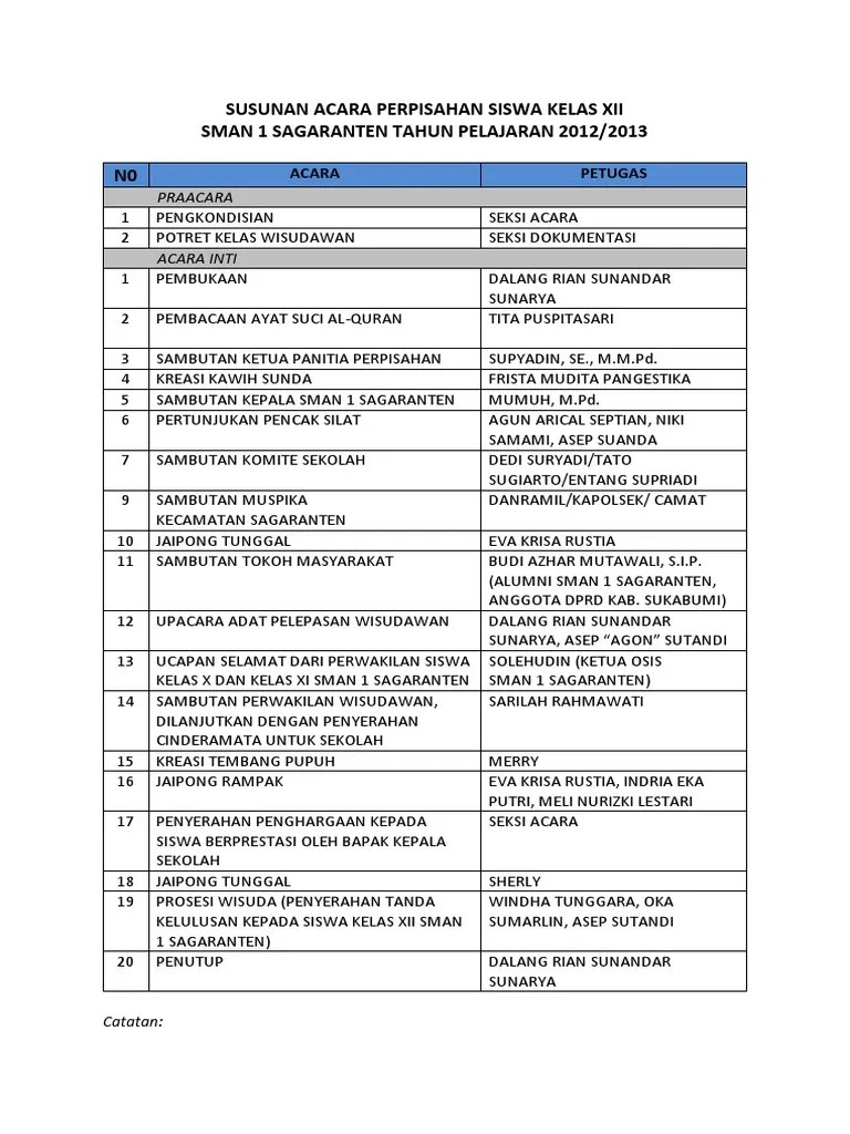 Nah mari kita simak contoh susunan acara perpisahan sekolah yang telah saya buat, simak di bawah ini. Susunan Acara Perpisahan Siswa Kelas Xii Pdf