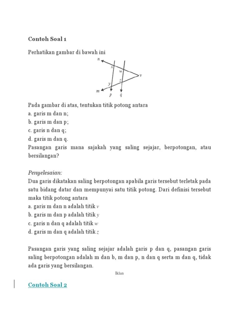 Sebutkan masing masing 4 pasang garis sejajar dan berpotongan di bawah ini no 4 . Contoh Soal Garis Berpotongan