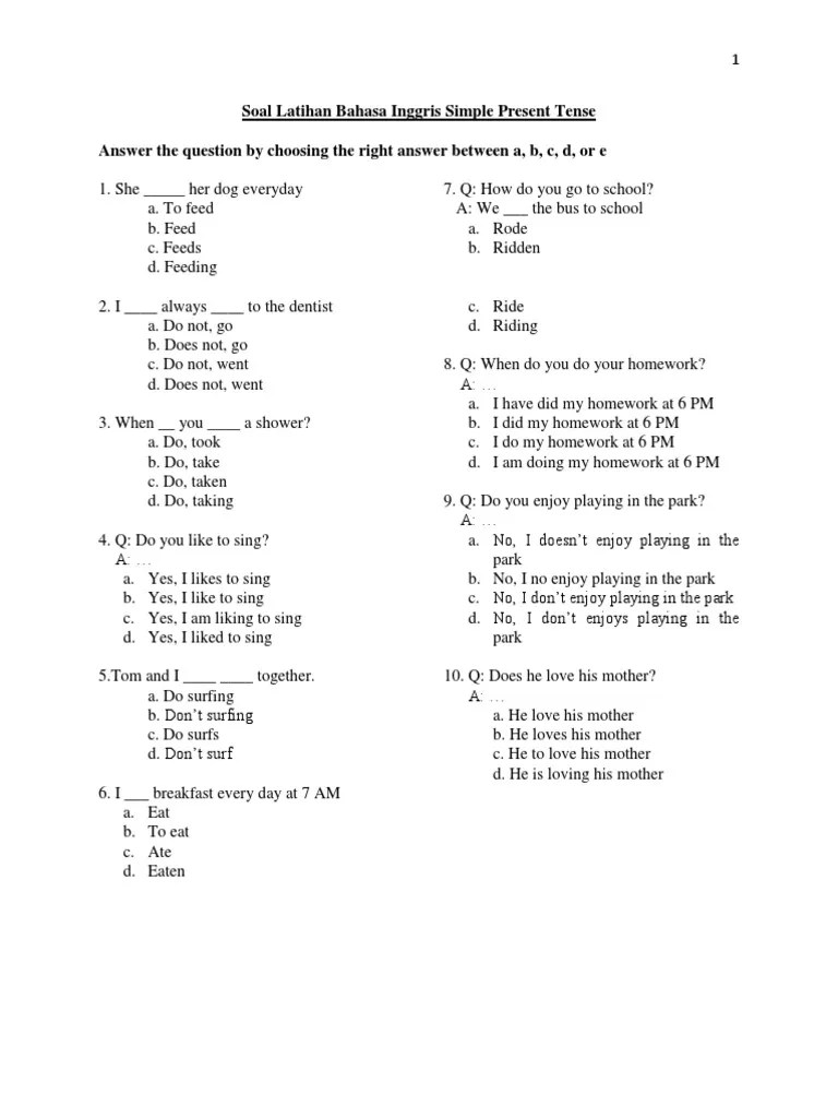Soal Exercise Bahasa Inggris Simple Present Tensesmp Kelas 8 | PDF |  Tipologi Linguistik | Morfologi Linguistik