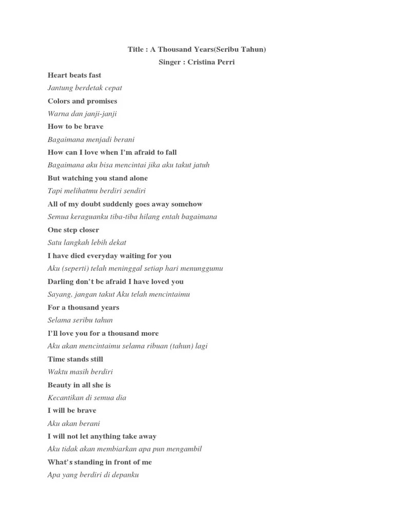 Lirik Lagu A Thousand Years Dan Terjemahnya