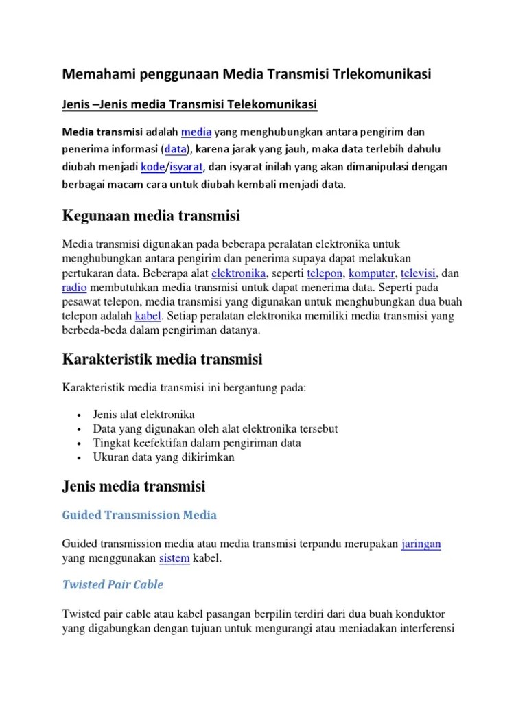 Media Transmisi Adalah Media Yang Menghubungkan Antara Pengirim Dan Penerima  Informasi | PDF