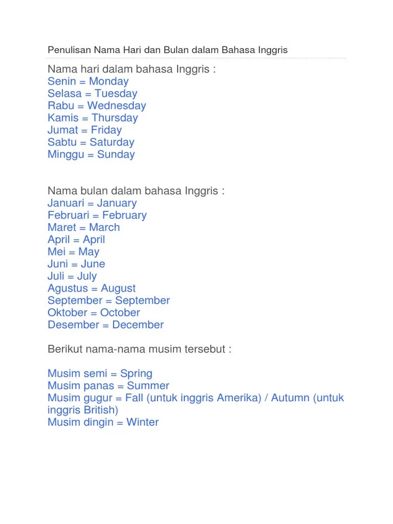Check spelling or type a new query. Penulisan Nama Hari Dan Bulan Dalam Bahasa Inggris