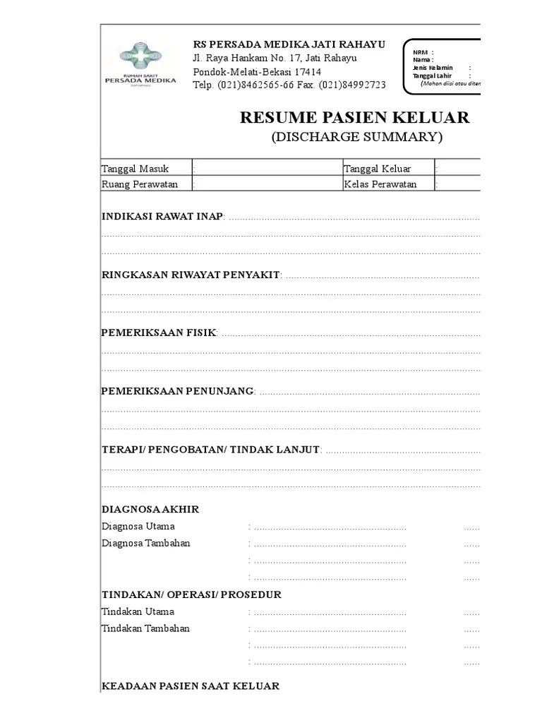Formulir keluhan nasabah dan tenaga pemasaran. Formulir Status Rekam Medis Formulir Rawat Inap Resume Medis Pdf