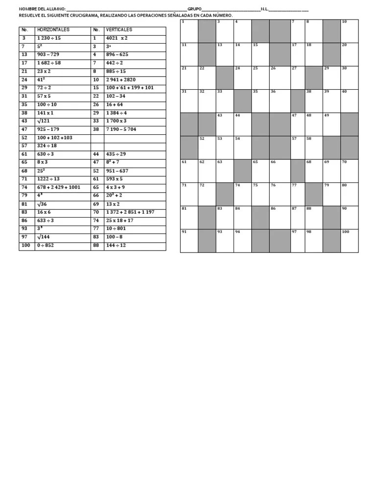 Crucigrama de matemáticas para imprimir gratis para compartir con los estudiantes en la escuela. Crucigrama De Operaciones Basicas Pdf