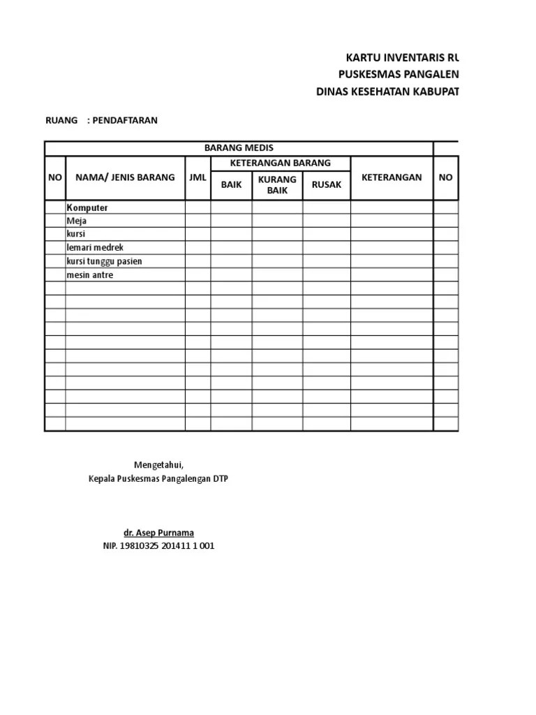 Contoh pengkodean aset pada ruang kepala sekolah dapat dilihat pada tabel 2.2 dan yang lain dapat dilihat pada kartu inventaris ruangan lampiran 1. Format Kartu Inventaris Ruangan