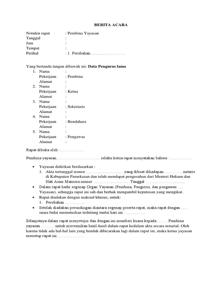 Contoh Surat Berita Acara Pergantian Pengurus Yayasan