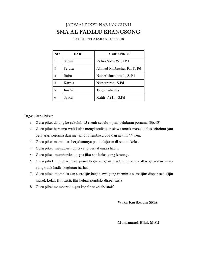Jadwal Piket Harian Guru | PDF