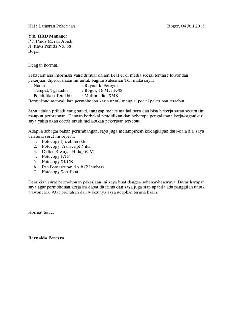 Terima kasih atas perhatian bapak. Contoh Surat Lamaran Kerja Umum 2 Pdf