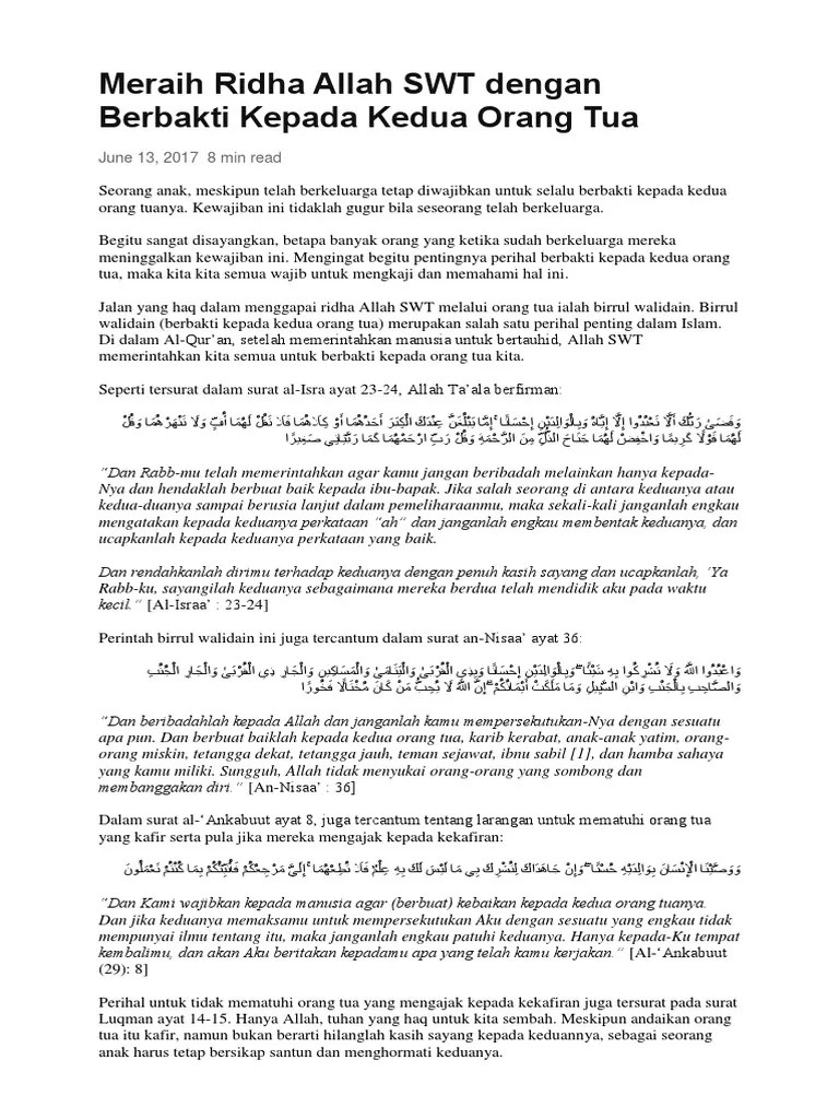 Meraih Ridha Allah SWT Dengan Berbakti Kepada Kedua Orang Tua