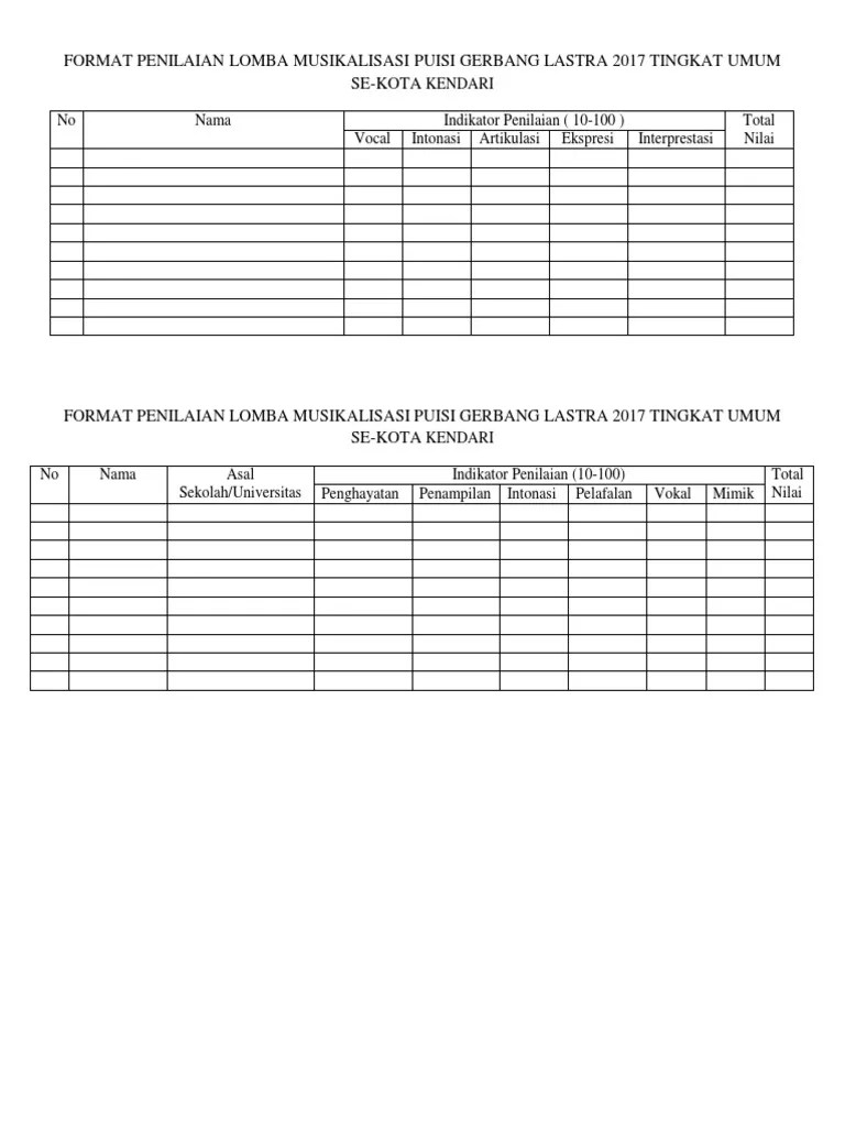 Format Penilaian Lomba Musikalisasi Puisi Gerbang Lastra 2017 Tingkat Umum  Se | PDF