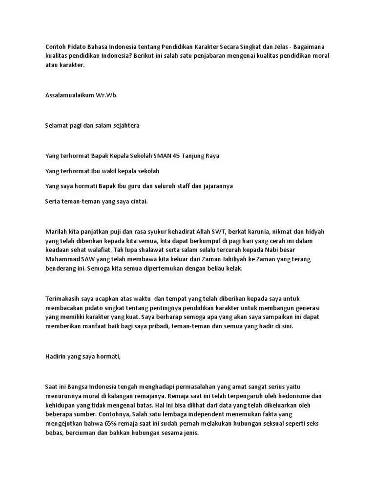 Contoh Pidato Bahasa Indonesia Tentang Pendidikan Karakter Secara Singkat  Dan Jelas | PDF