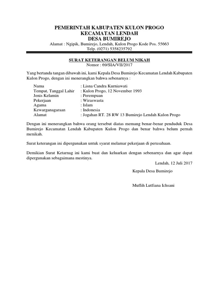 contoh surat pernyataan wali nikah dari kelurahan. Contoh Surat Keterangan Belum Menikah