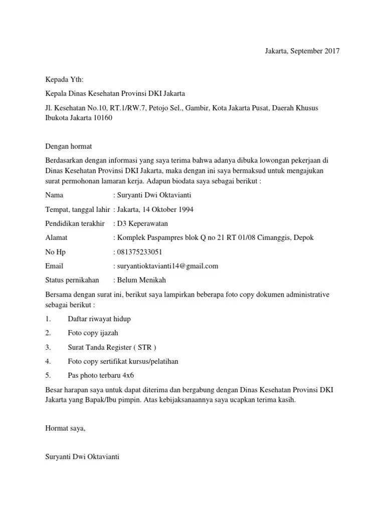 Maka dengan ini saya bermaksud untuk mengajukan surat permohonan lamaran kerja. Surat Lamaran Dinas Kesehatan Dki Jakarta Pdf