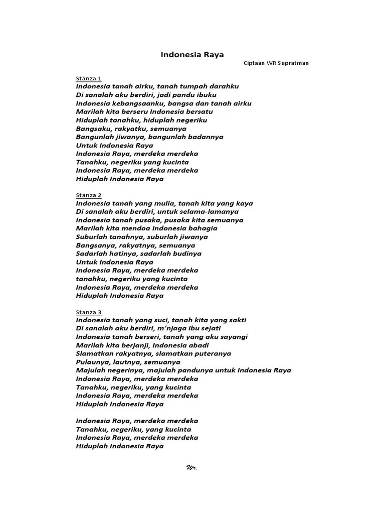 Adapun lirik reff itu adalah indonesia raya merdeka merdeka. Teks Lagu Indonesia Raya 3 Stanza Pdf 19 2021