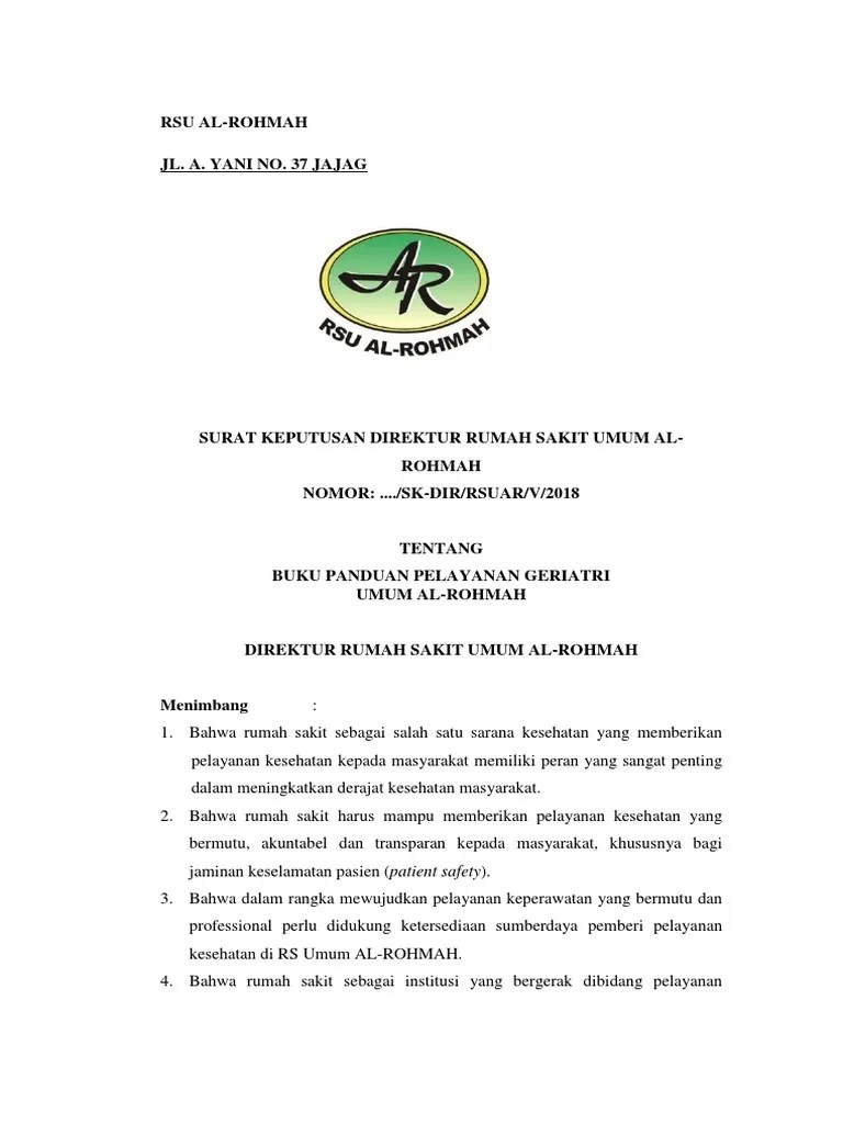Atas, perlu diterbitkan surat keputusan direktur rumah. Sk Penyelenggaraan Pelayanan Geriatri Pdf