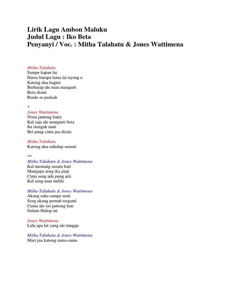 Yo mung ndiko kang sawiji langit bumi kang . Lirik Lagu Ambon Maluku Pdf