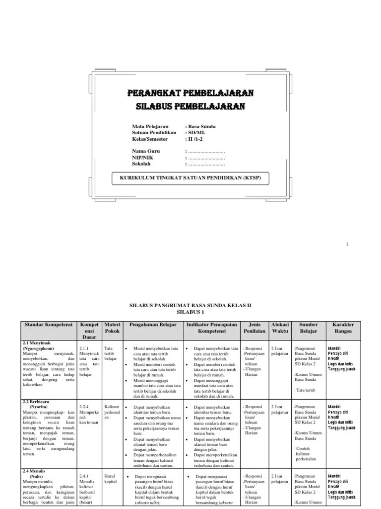 Perangkat Pembelajaran Basa Sunda Basa Sunda SD MI Kelas 2 | PDF