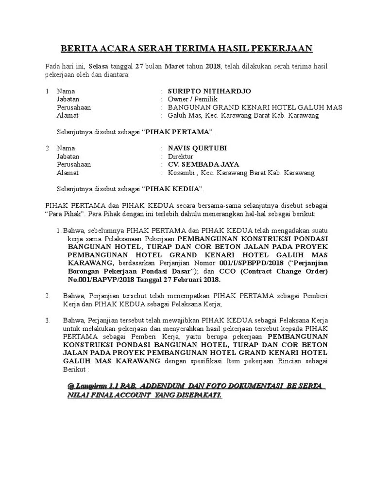8152019 contoh berita acara serah terima pekerjaan kontraktor 122 republik indonesia departemen permukiman dan prasarana wilayah direktorat jenderal . Contoh Berita Acara Serah Terima Pekerjaan Proyek Hotel Pdf