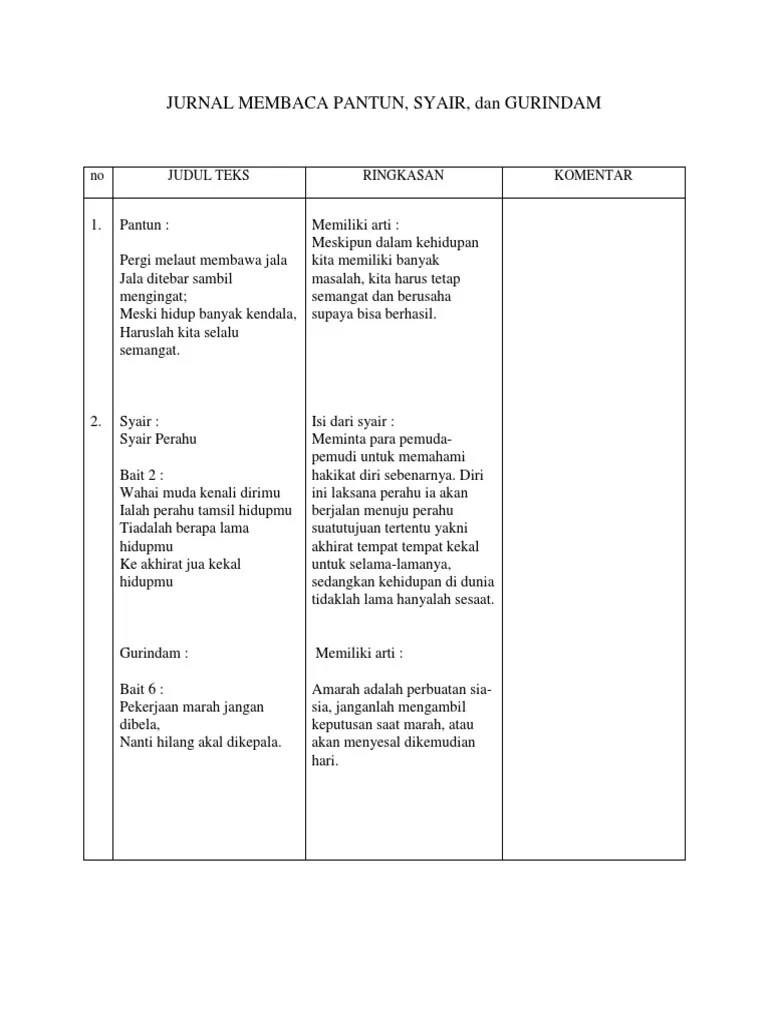 JURNAL MEMBACA Pantun | PDF
