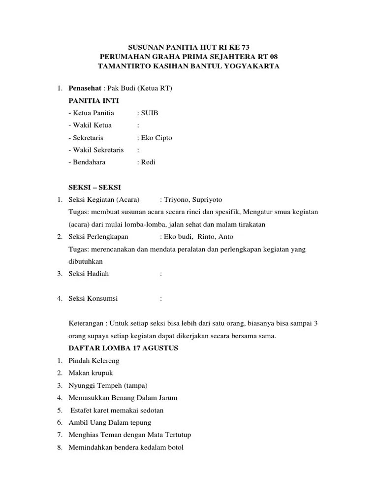 Pembubaran panitia undangan kurir dan konfirmasi. Susunan Panitia Hut Ri Ke 73 Pdf