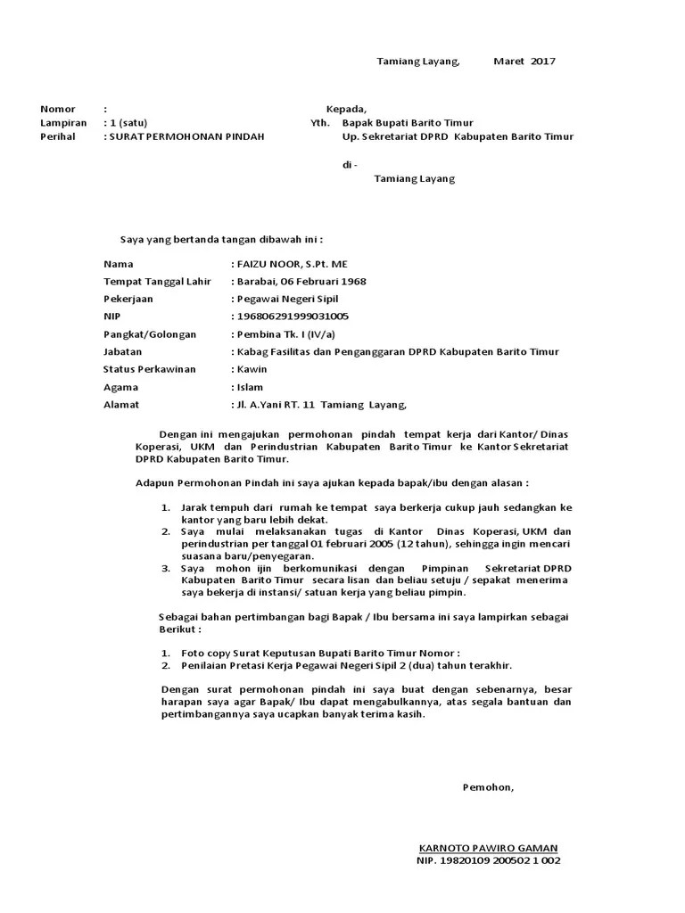 Contoh surat permohonan mutasi pns (guru) · perihal: Surat Permohonan Pindah Pdf