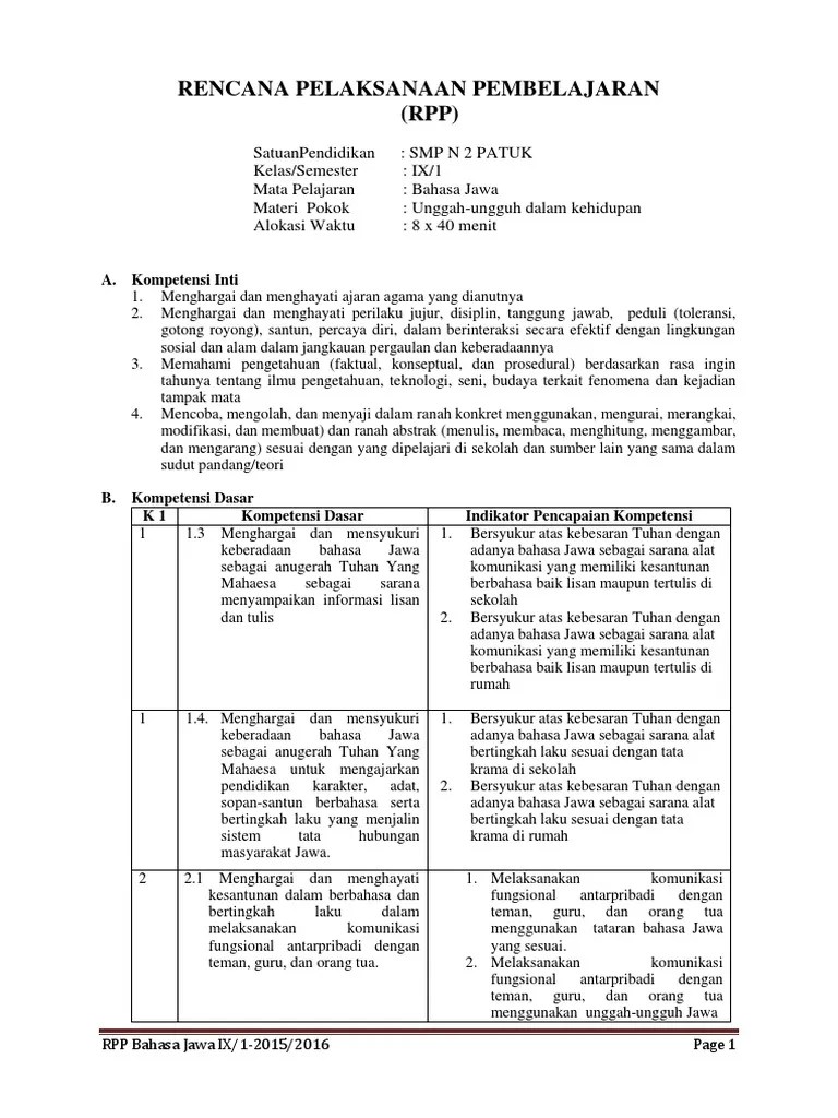 RPP 9 KD 3 1 Sem 1 2015 Unggah Ungguh Basa | PDF