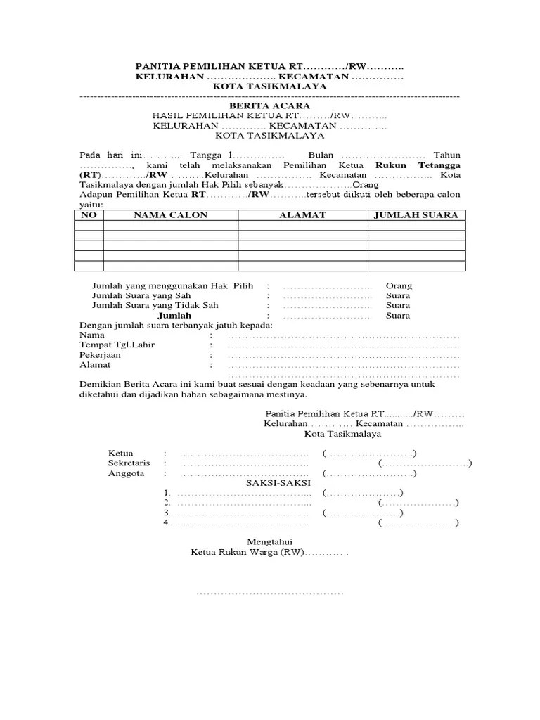Contoh Format Berita Acara Pemilihan Ketua RT Dan RW | PDF